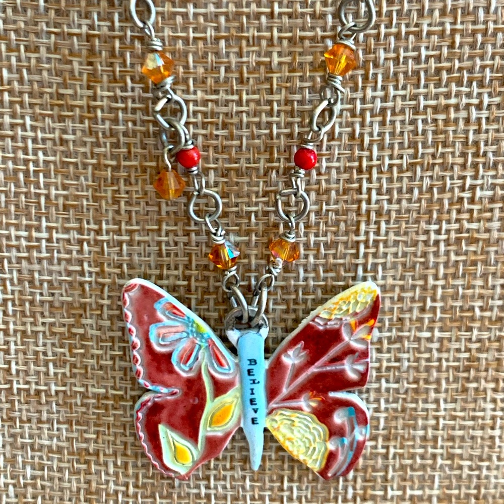 Caroline Simas Signed Cottagecore Enamel Butterfly Beaded Necklace